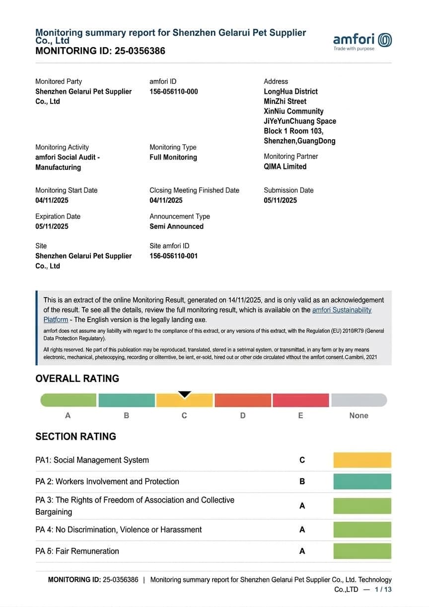 Amfori social audit summary for Shenzhen Gelarui Pet Supplier Co., Ltd, monitoring ID 25-0356386, overall rating C