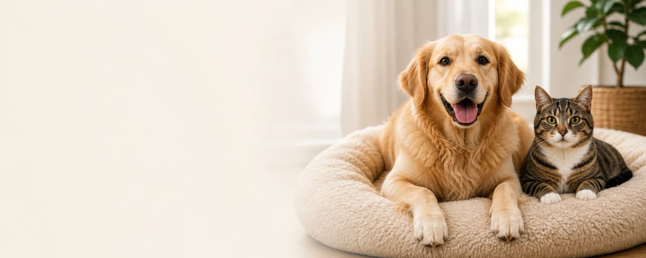 Golden retriever and cat sharing a comfortable pet bed