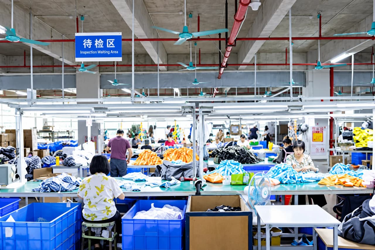 Factory inspection area with workers, product tables and blue storage bins