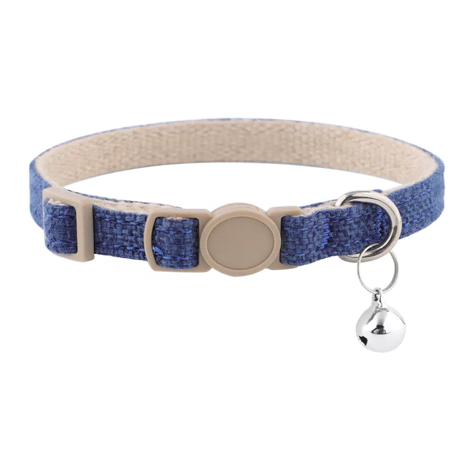 Cotton-Linen Cat Collar with Bell Deep Blue
