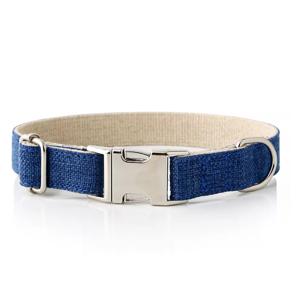 Personalized Cotton-Linen Dog Collar with Metal Buckle Deep Blue / XS