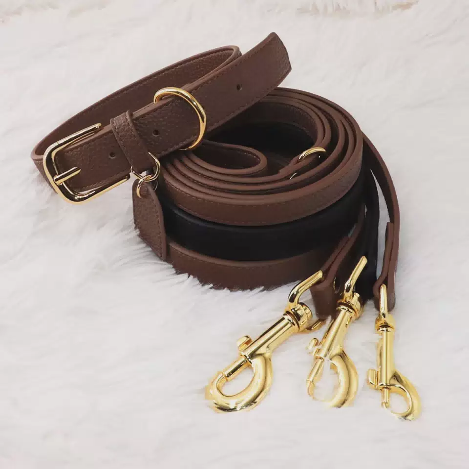 Personalized PU Leather Dog Collar and Leash Set Brown Leash / S