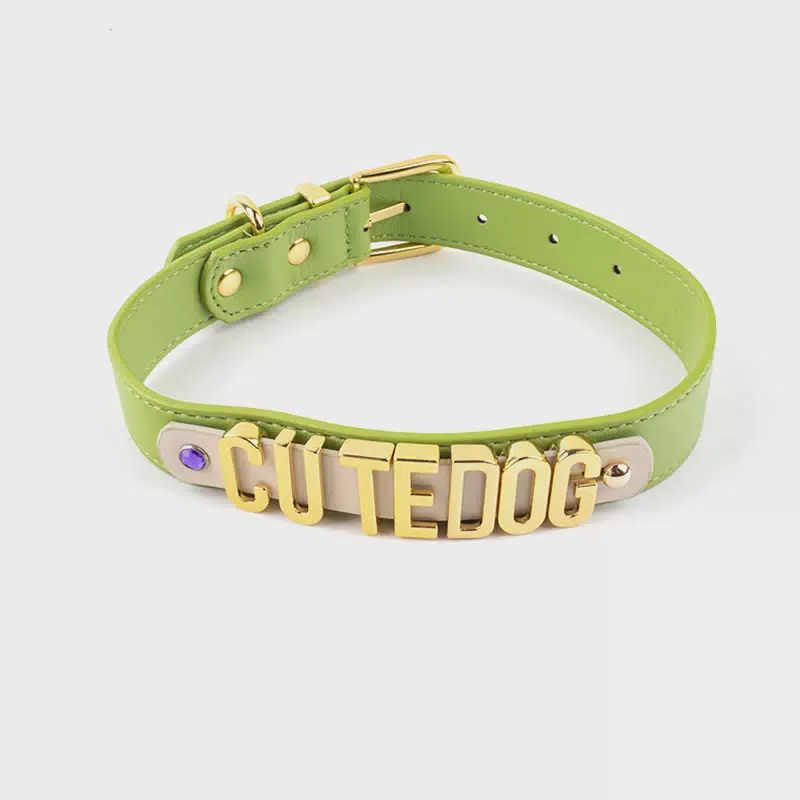 Custom Luxury Anti-Lost PU Leather Dog Name Collar with DIY Letters for Training Green / S