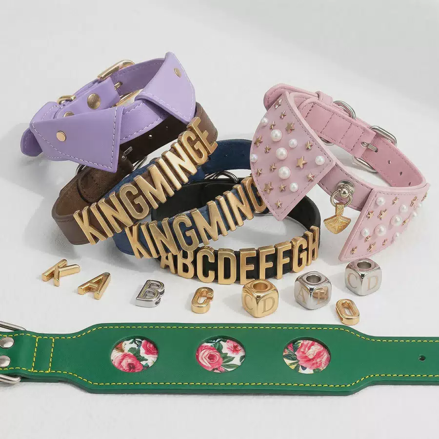 Studded Leather Dog Collar with Decorative Charms Brown blue white etc