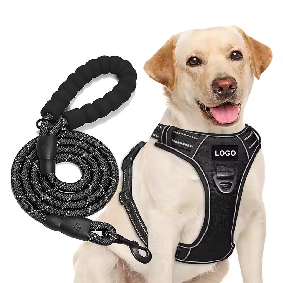 Adjustable Reflective Dog Harness No Pull Front Clip Heavy Duty with Control Handle for Large Dogs Outdoor Walking Black / S