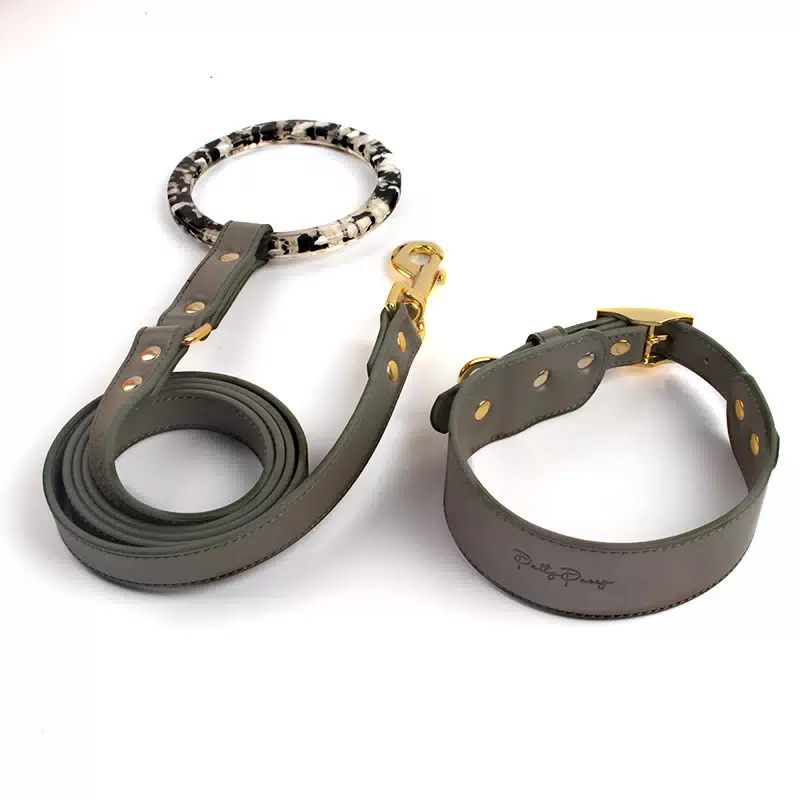 PU Leather Dog Leash with Ring Handle Deep Green leash and collar / 150 cm