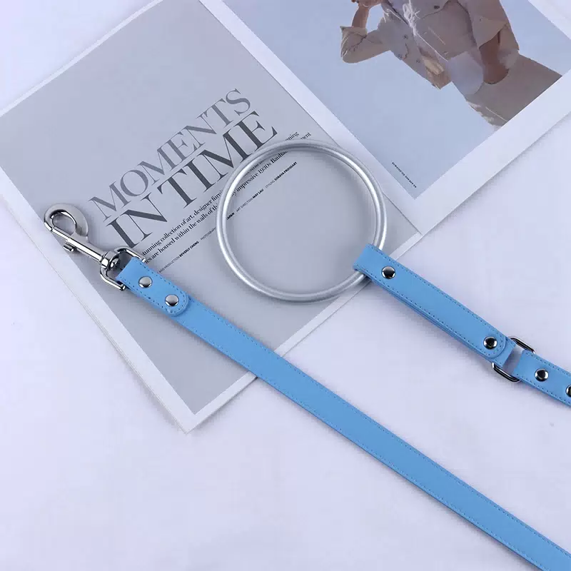 Flat PU Leather Dog Leash with Patterned Ring Handle Blue / 1.5m(4.92ft)