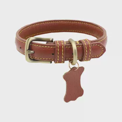 Heavy Duty Solid Pattern Genuine Leather Dog Training Collar Personalized Large Dog Collar with Name Tag Simple Style