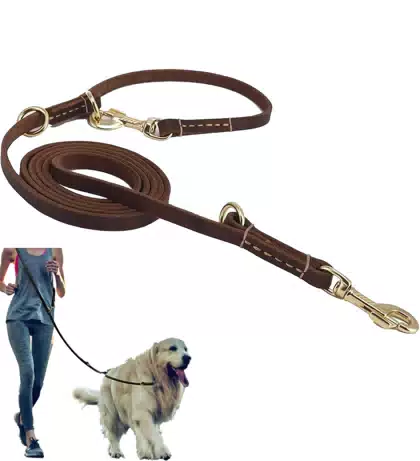 Tangle Free 2 Pet Genuine Leather Dogs Slip Leads Hand Free Dual Untangle 360 Rotabl Double Dog Leash with 360 Swivel Snap